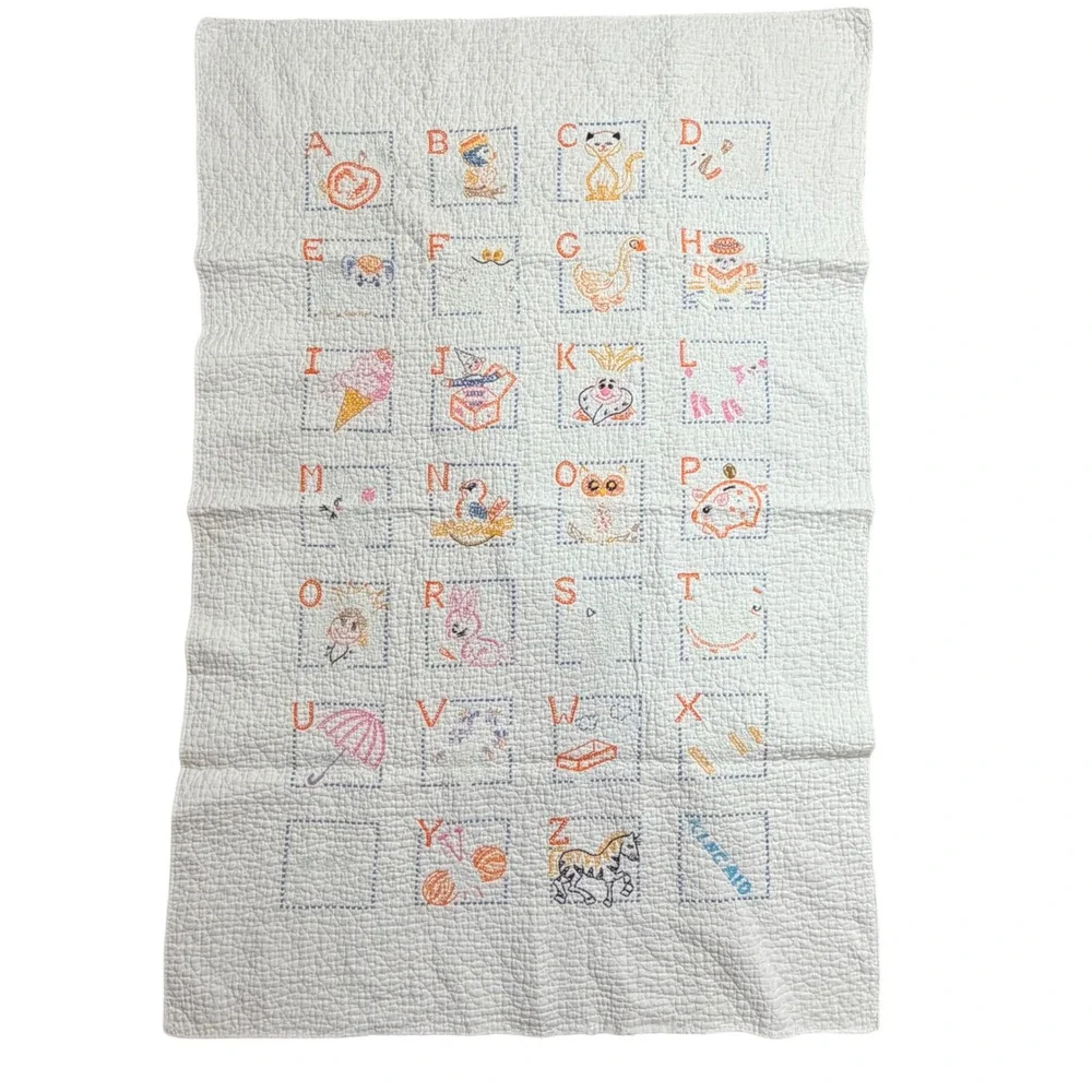 Vintage Kincaid Alphabet Baby Quilt Hand Embroidered Nursery Blanket White 32x48